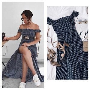 Lulus Dream Love Off The Shoulder Polka Dot Maxi Dress Navy Blue Women’s Large